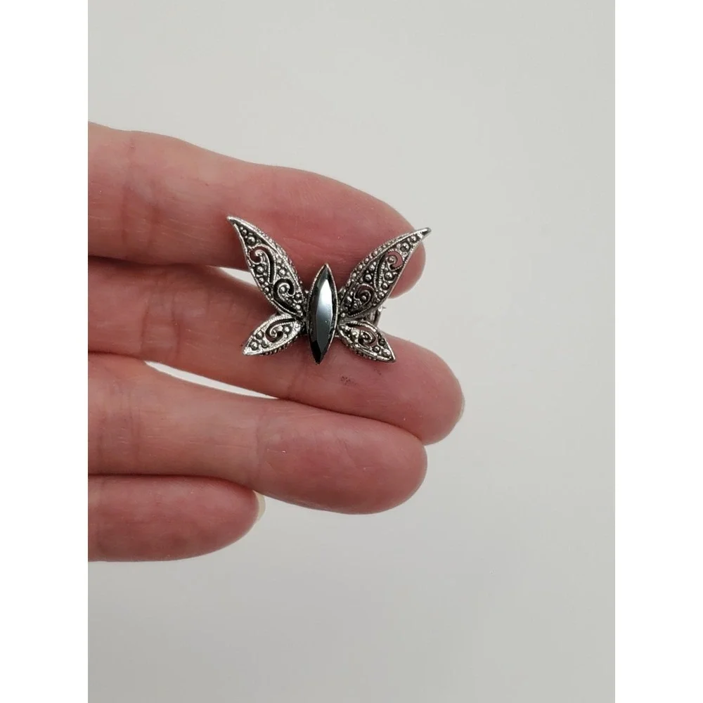 Vtg Filegree Butterfly Brooch Silver-Tone Black Rhinestone Pin